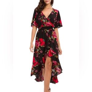 KorMei high low black floral wrap dress. Size L